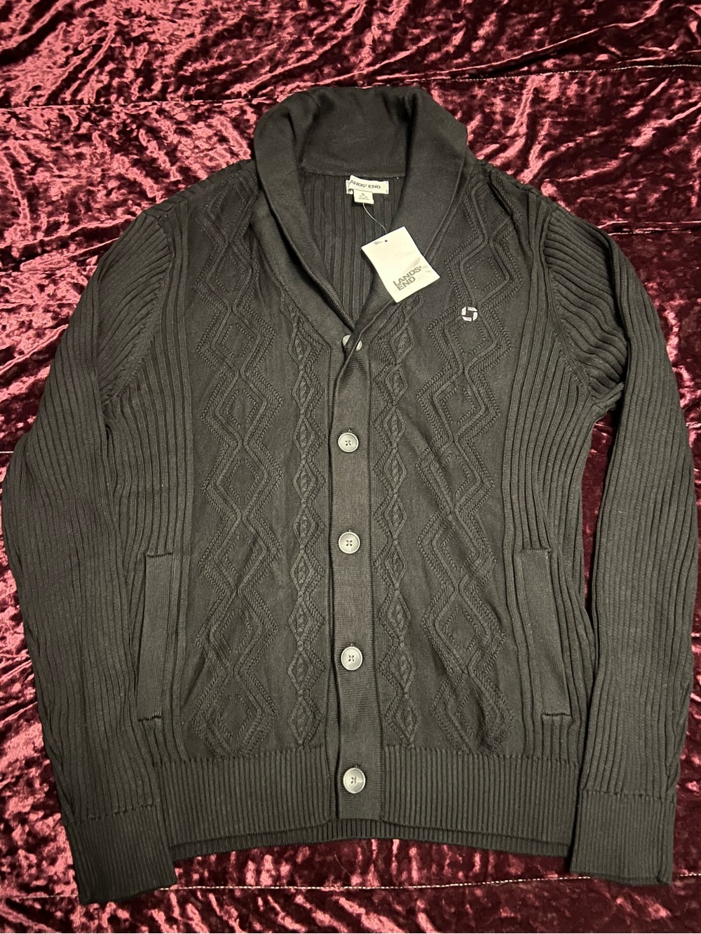 Chase Bank Lands' End Cable-Knit Shawl Collar Button Cardigan Sweater Men S